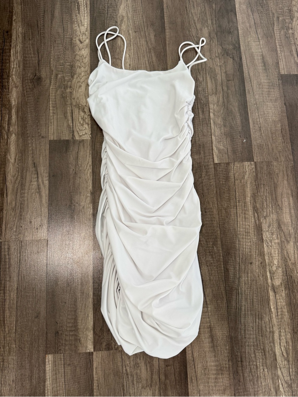 superdown White Ruched Mini Dress with Spaghetti Straps